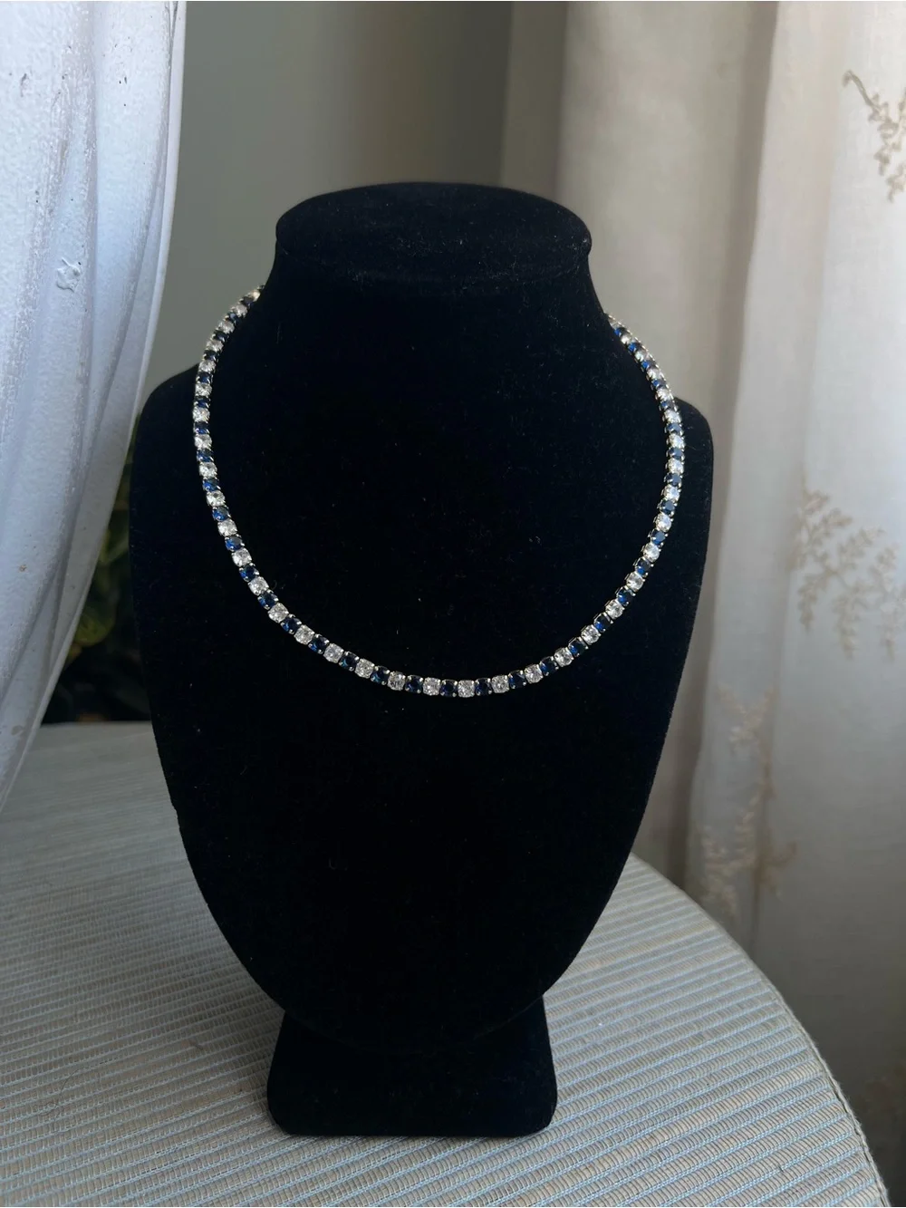Alternating  Blue and Clear Tennis Necklace (4mm stones)